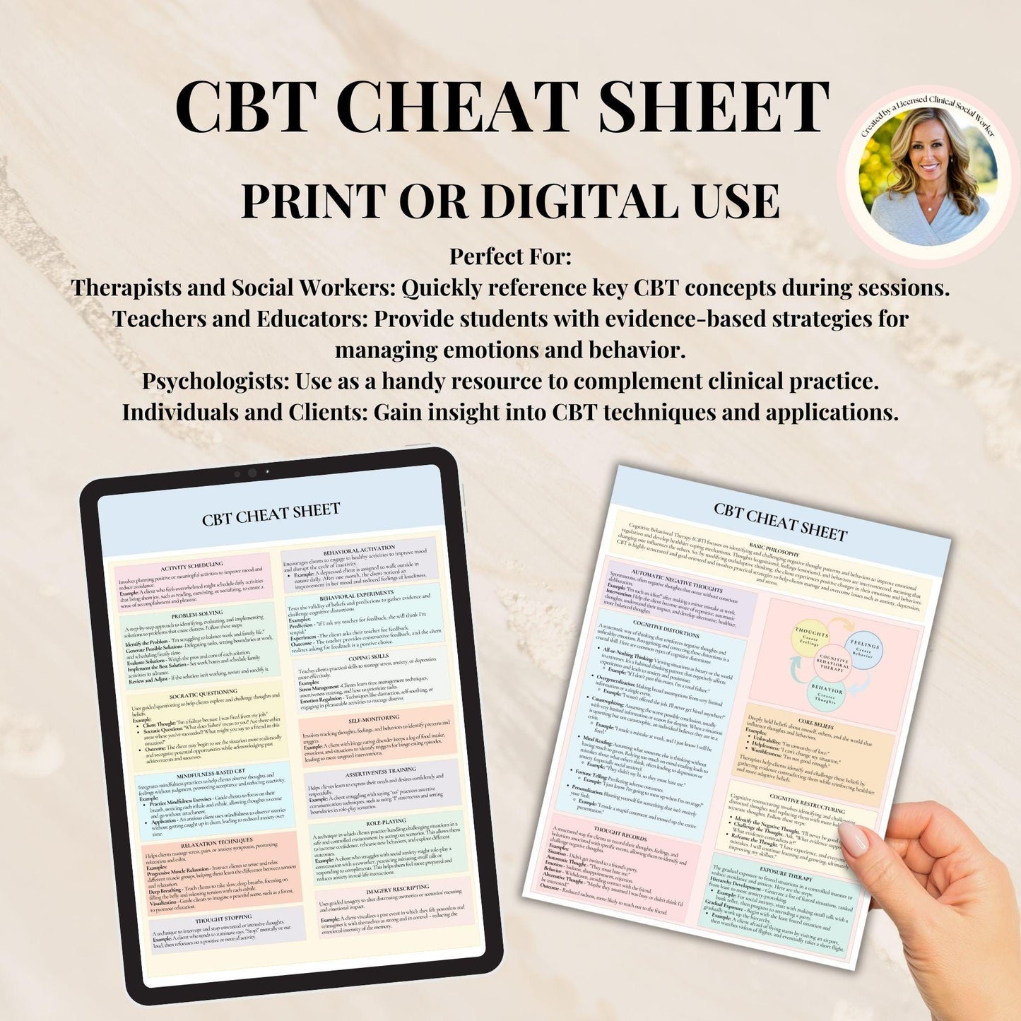CBT Cheat Sheet CBT Therapy Worksheets for Therapist, Psychologist or Counselor, CBT Coping Skills Tools, cbt Therapy, Counseling Resources
